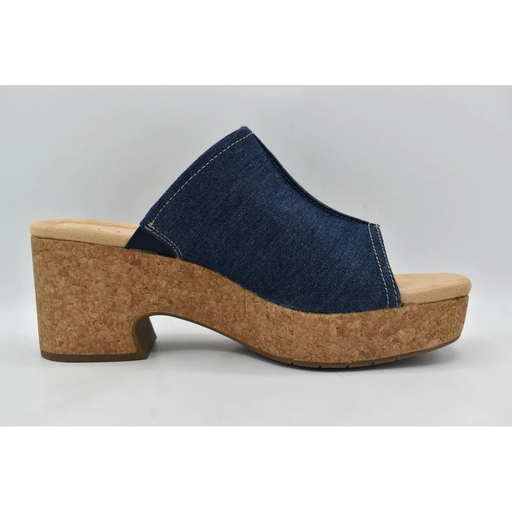 Clarks Womens Size 10 Nerisa Vine Dark Denim Heeled Sandals Slides Shoes